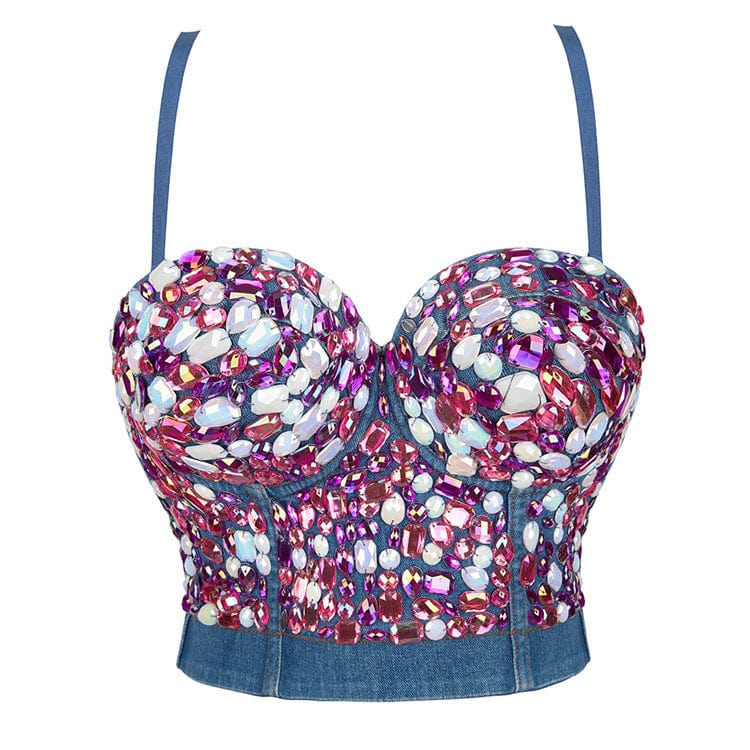 Kobine Women's Gothic Crystal Printed Denim Bustier