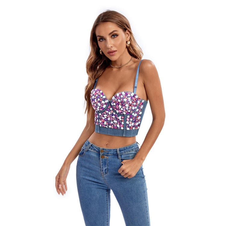 Kobine Women's Gothic Crystal Printed Denim Bustier