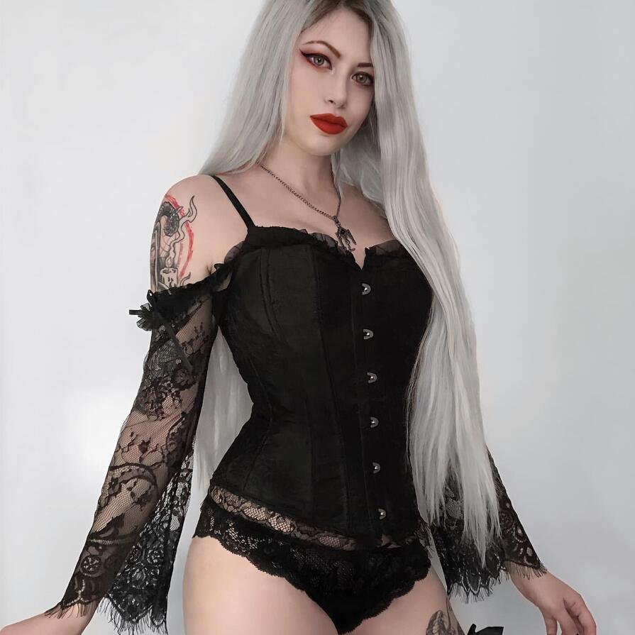Kobine Women's Gothic Floral Lace Sleeved Overbust Corsets