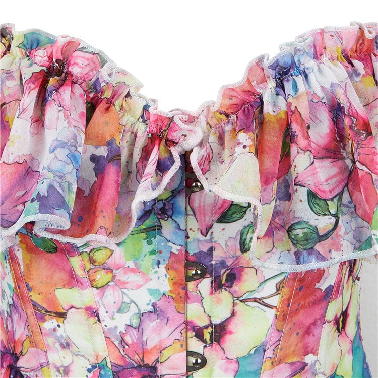 Kobine Women's Gothic Floral Printed Ruffled Overbust Corset