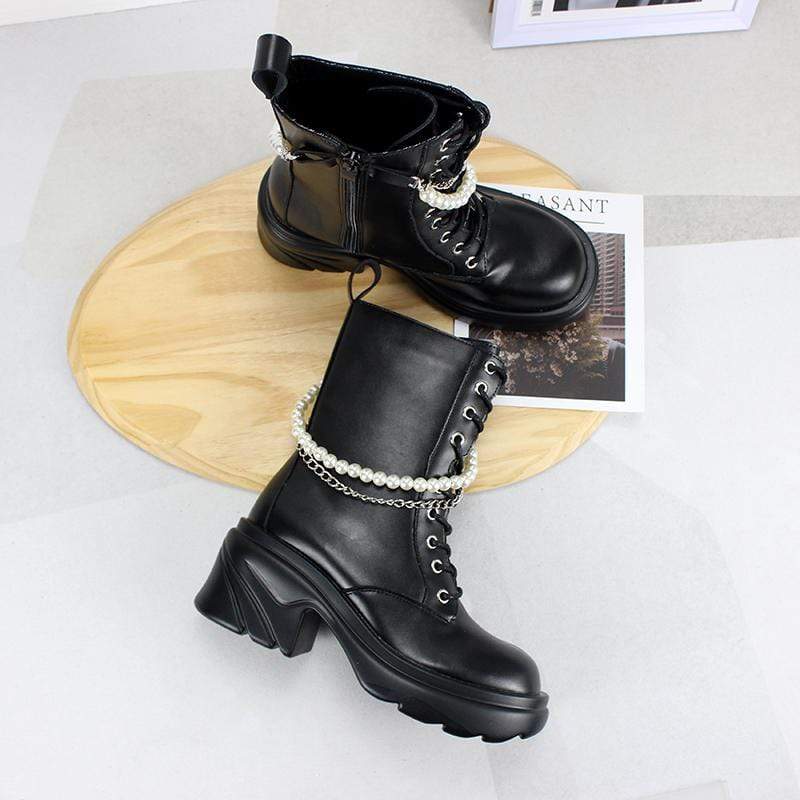 Women's Gothic Punk Wedge Boots with Pearl Chain