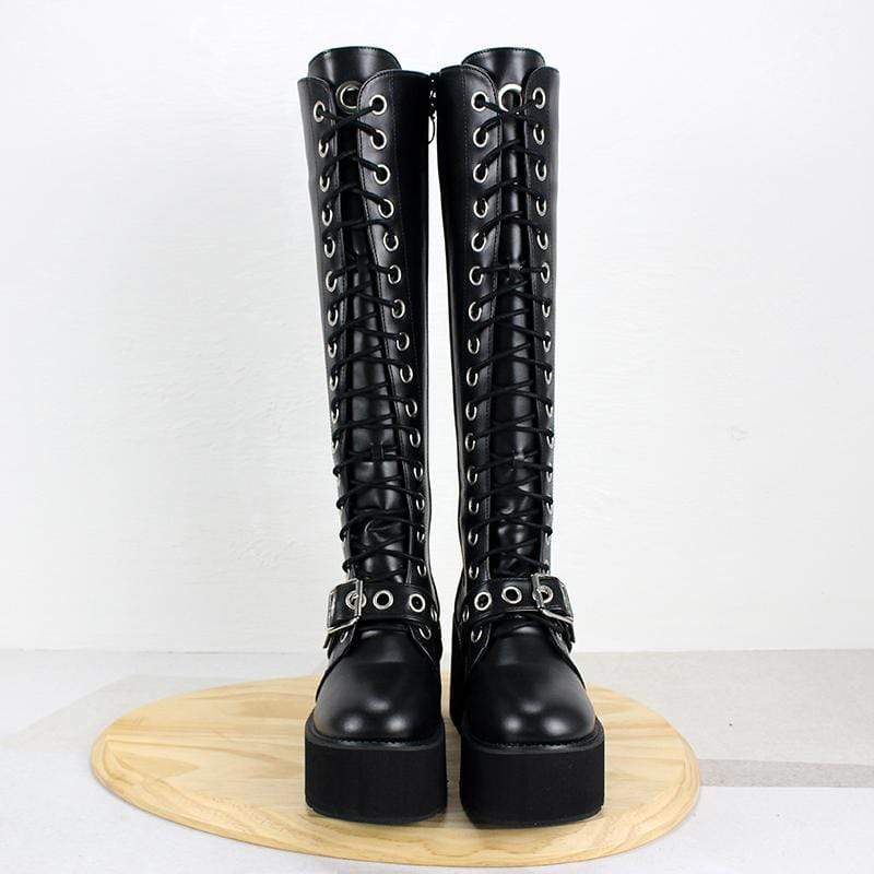 Women's Gothic Punk Zipper Buckle Thigh High Boots