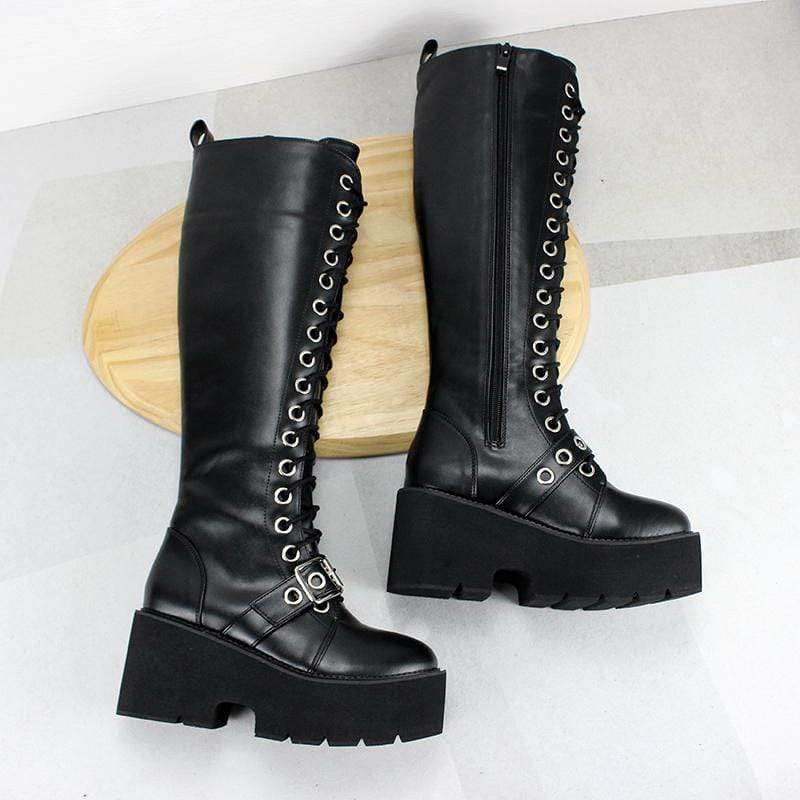 Women's Gothic Punk Zipper Buckle Thigh High Boots