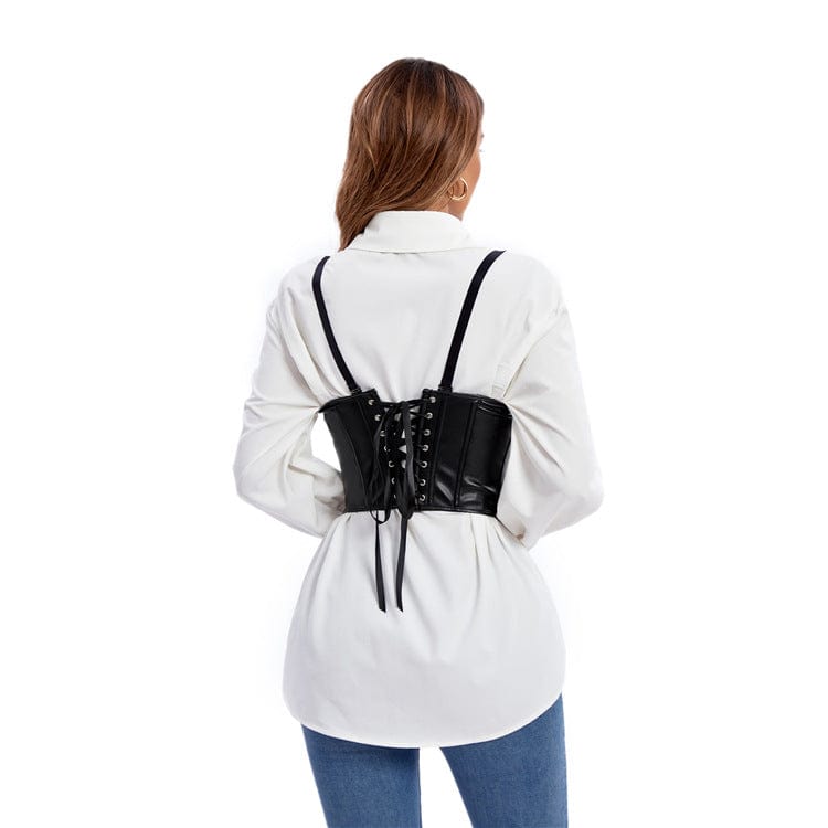 Kobine Women's Gothic Strappy Faux Leather Underbust Corset with Straps