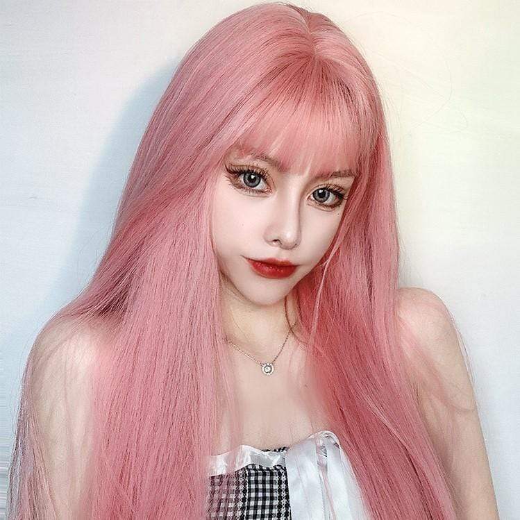 Kobine Women's Natural Straight Long Pink Synthetics Hair Wig