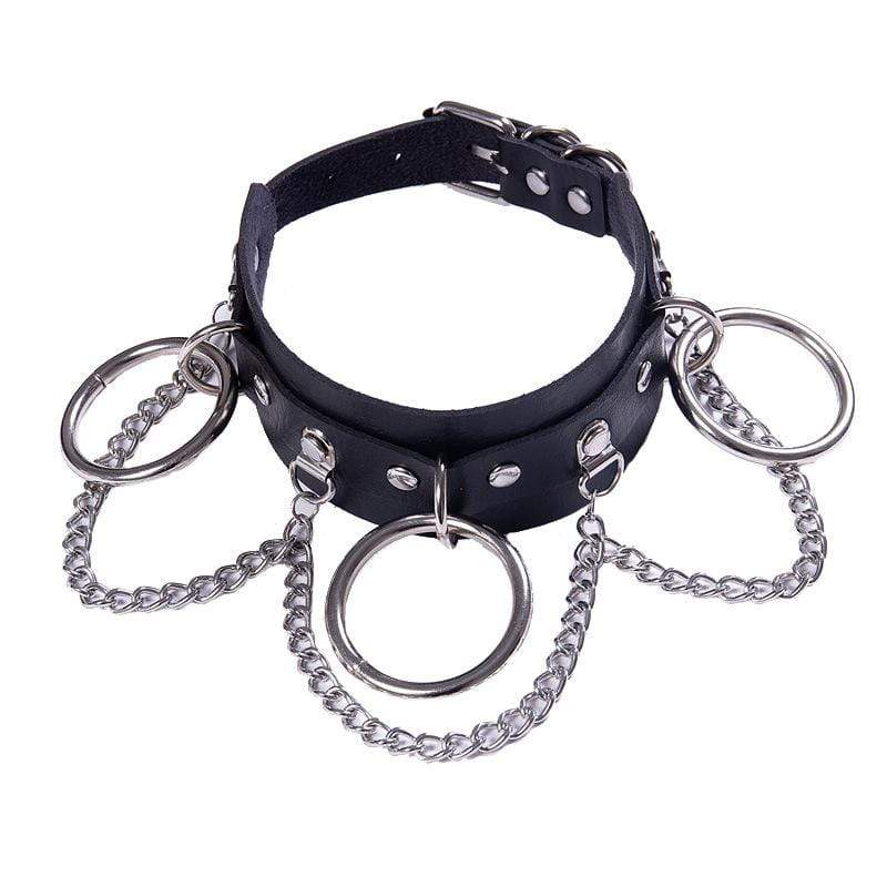 Women's Punk Metal Chains Faux Leather Wide Choker With Three Rings