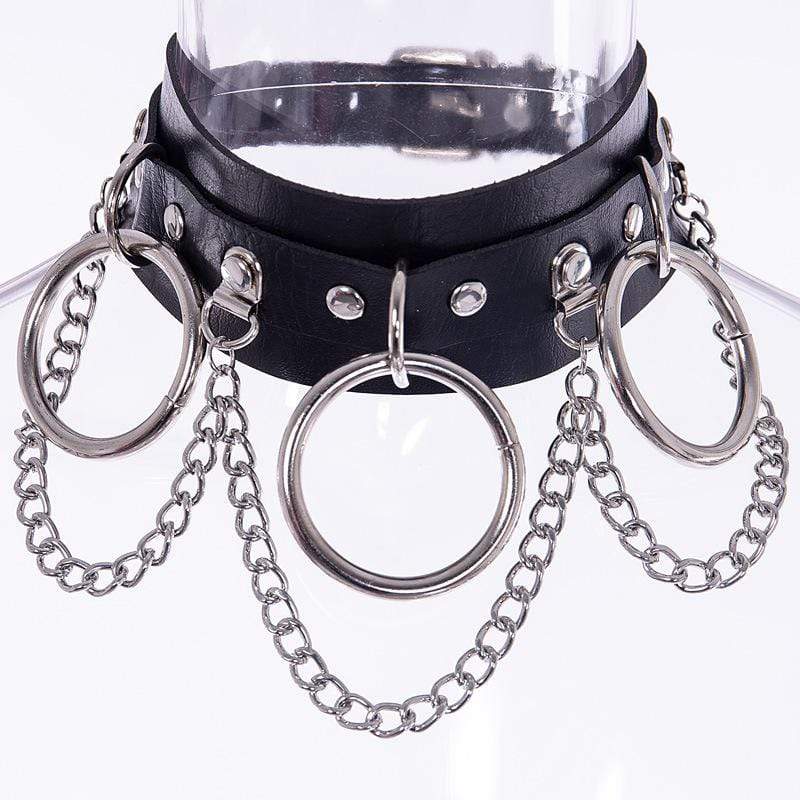 Women's Punk Metal Chains Faux Leather Wide Choker With Three Rings