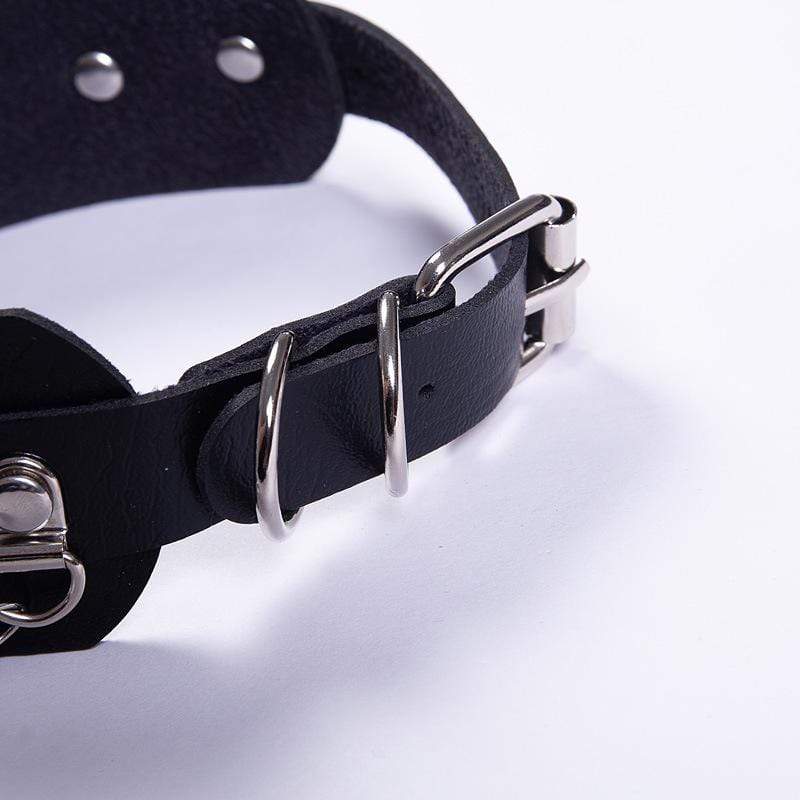 Women's Punk Metal Chains Faux Leather Wide Choker With Three Rings