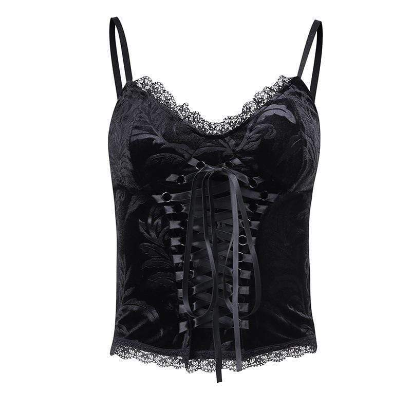 Women's Punk Rock Lace-up Floral Velet Crop Tops with Lace Hem