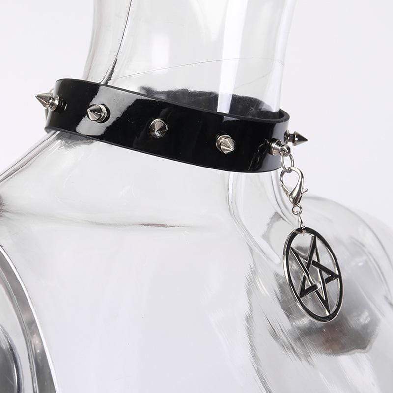 Women's Rivets Pentacle Pendant PU Chokers