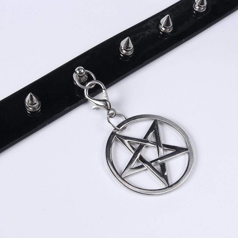 Women's Rivets Pentacle Pendant PU Chokers