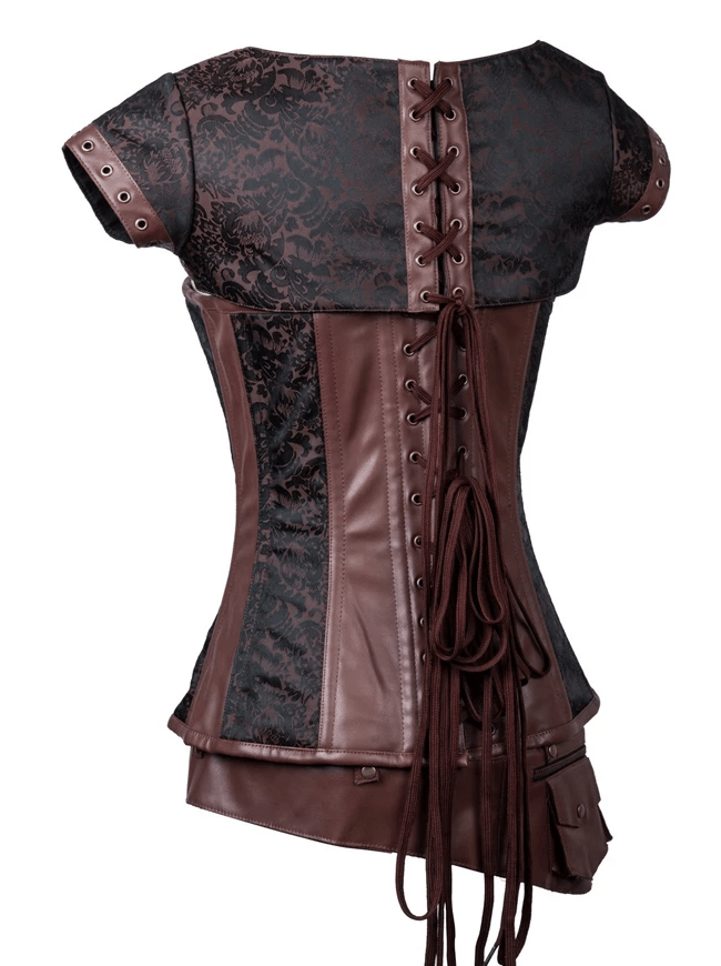 Women's Steampunk Jacquard Steel Boned Busk Corset with Jacket and belt
