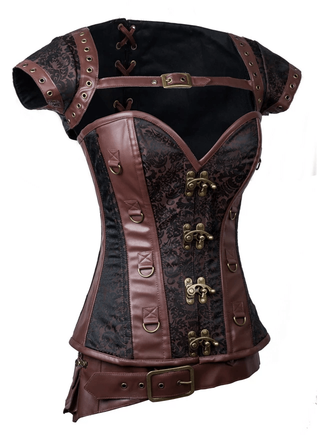 Women's Steampunk Jacquard Steel Boned Busk Corset with Jacket and belt