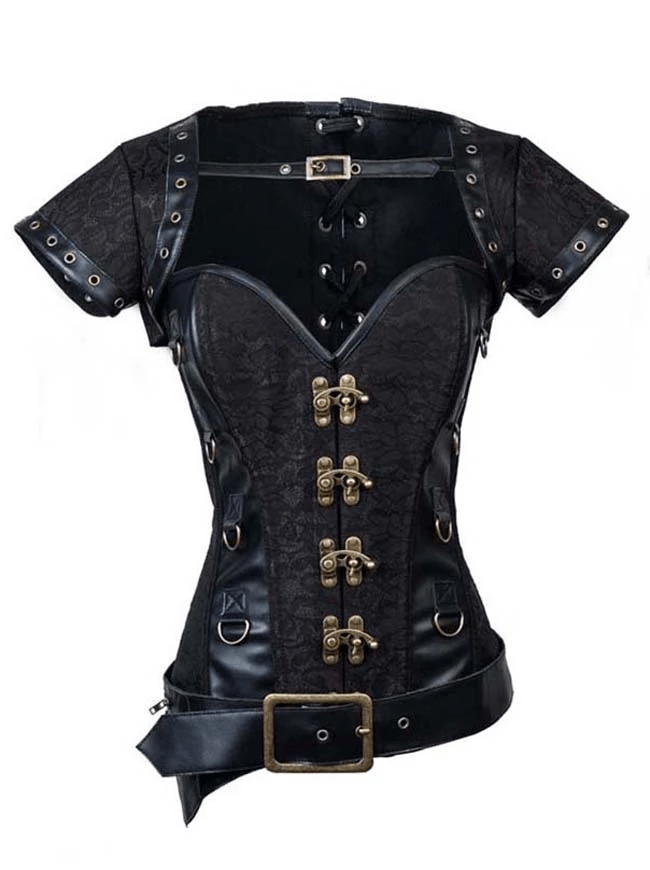 Women's Steampunk Jacquard Steel Boned Busk Corset with Jacket and belt