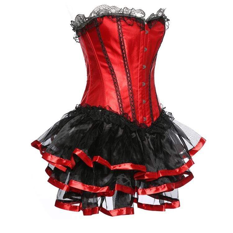 Women's Vintage Lace Hem Satin Overbust Corsets With Skirts
