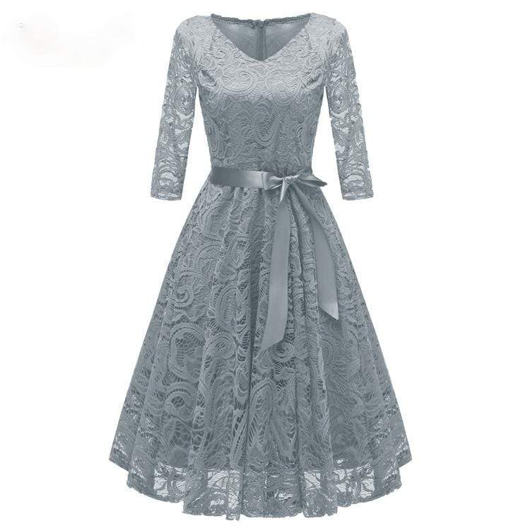 Women's Vintage Lace Party Dresses Bridesmaid Dresses with Bow Belt Wedding Dress