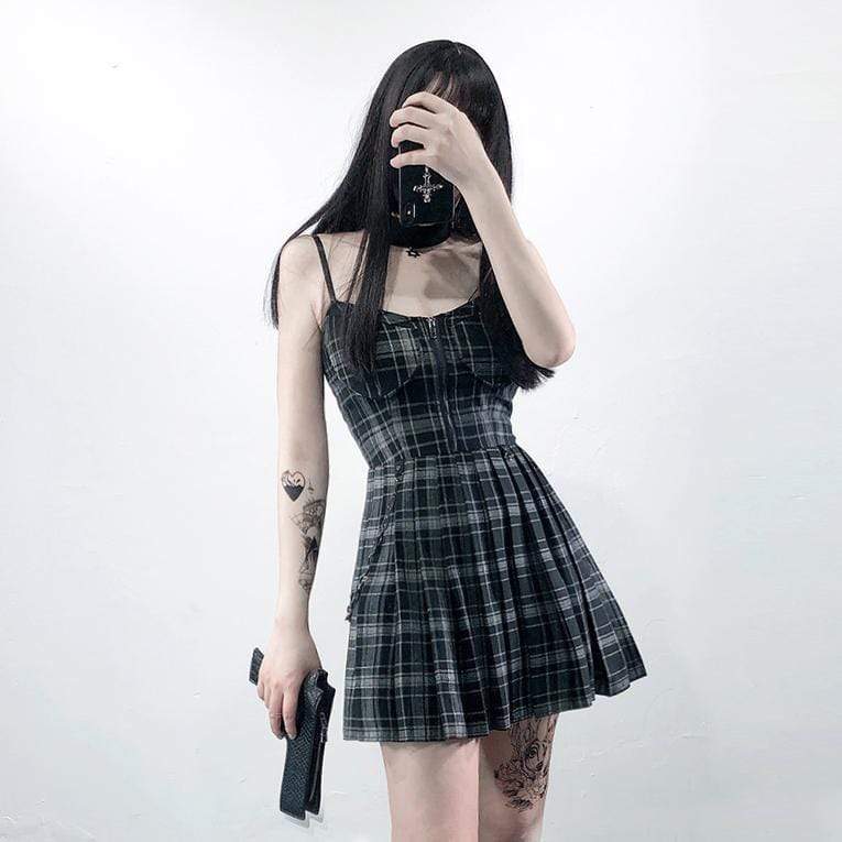 Women's Zipper Fly Chain Plaid Slip Dresses