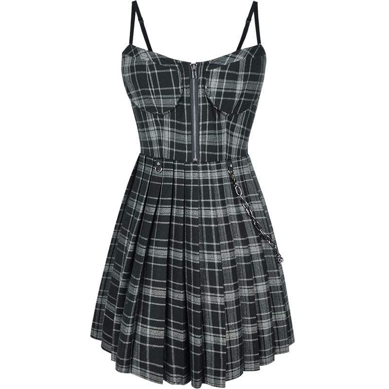 Women's Zipper Fly Chain Plaid Slip Dresses