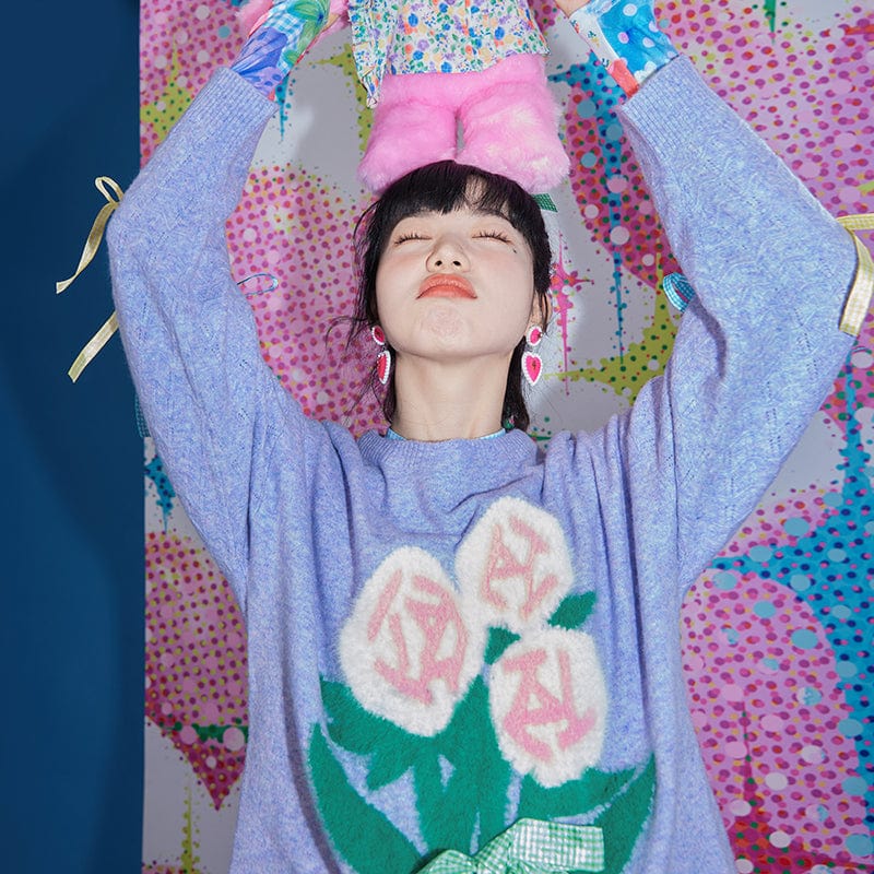 Pink Kawaii Women's Bowknot Rose Knitted Sweater