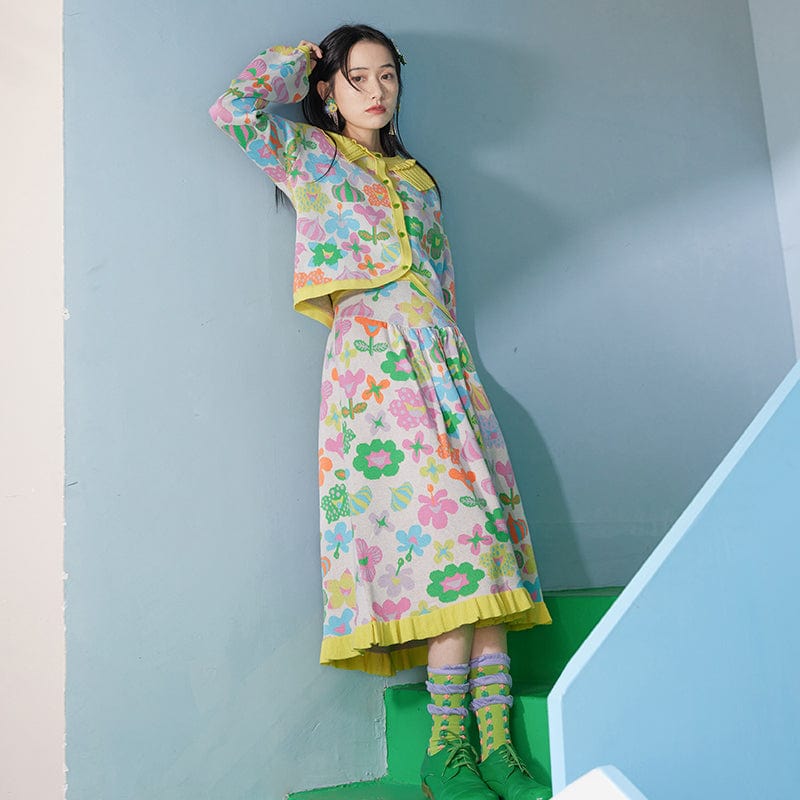 Pink Kawaii Women's Chromatic Floral Printed Ruffled Cardigan