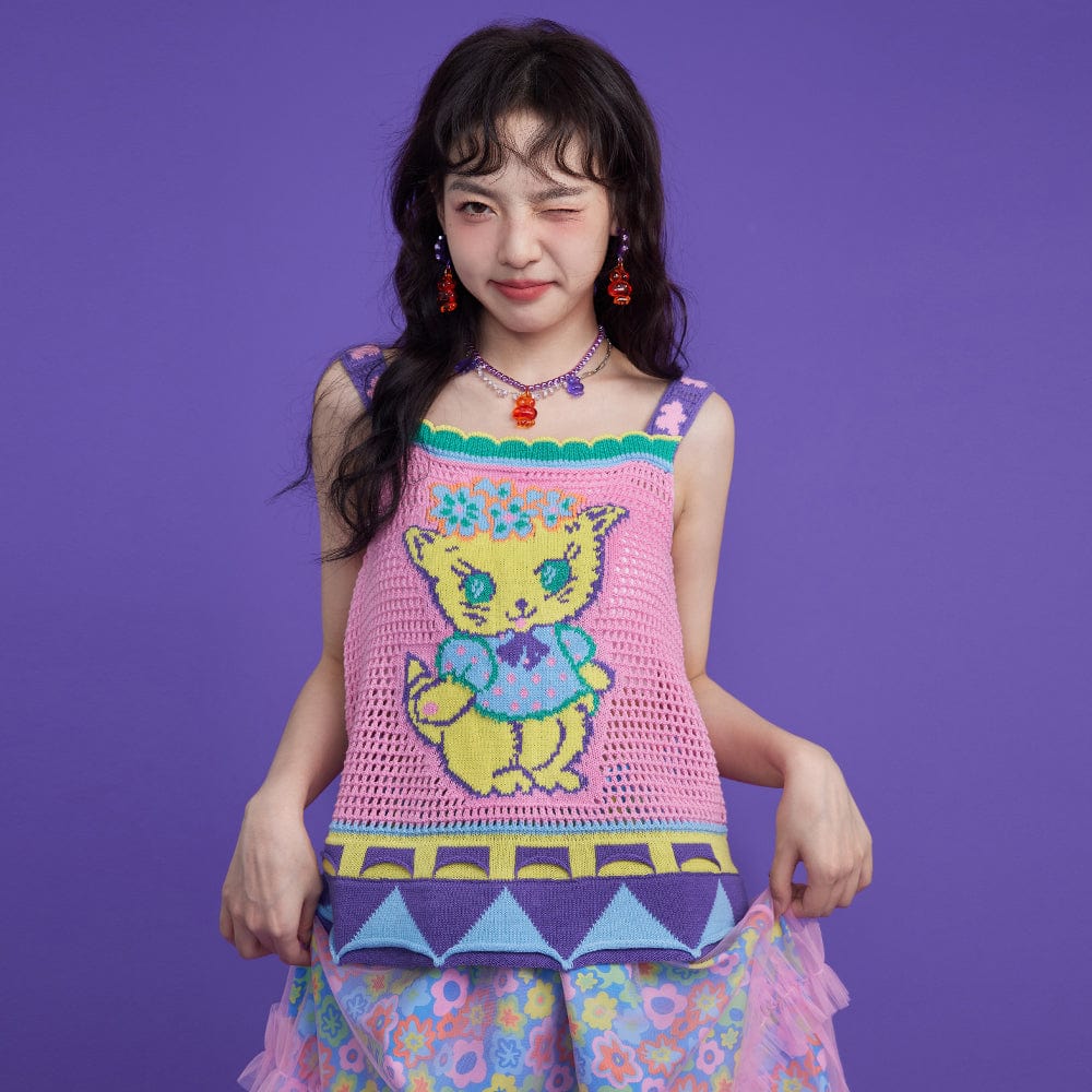 Pink Kawaii Women's Contrast Color Cat Knitted Tank Top