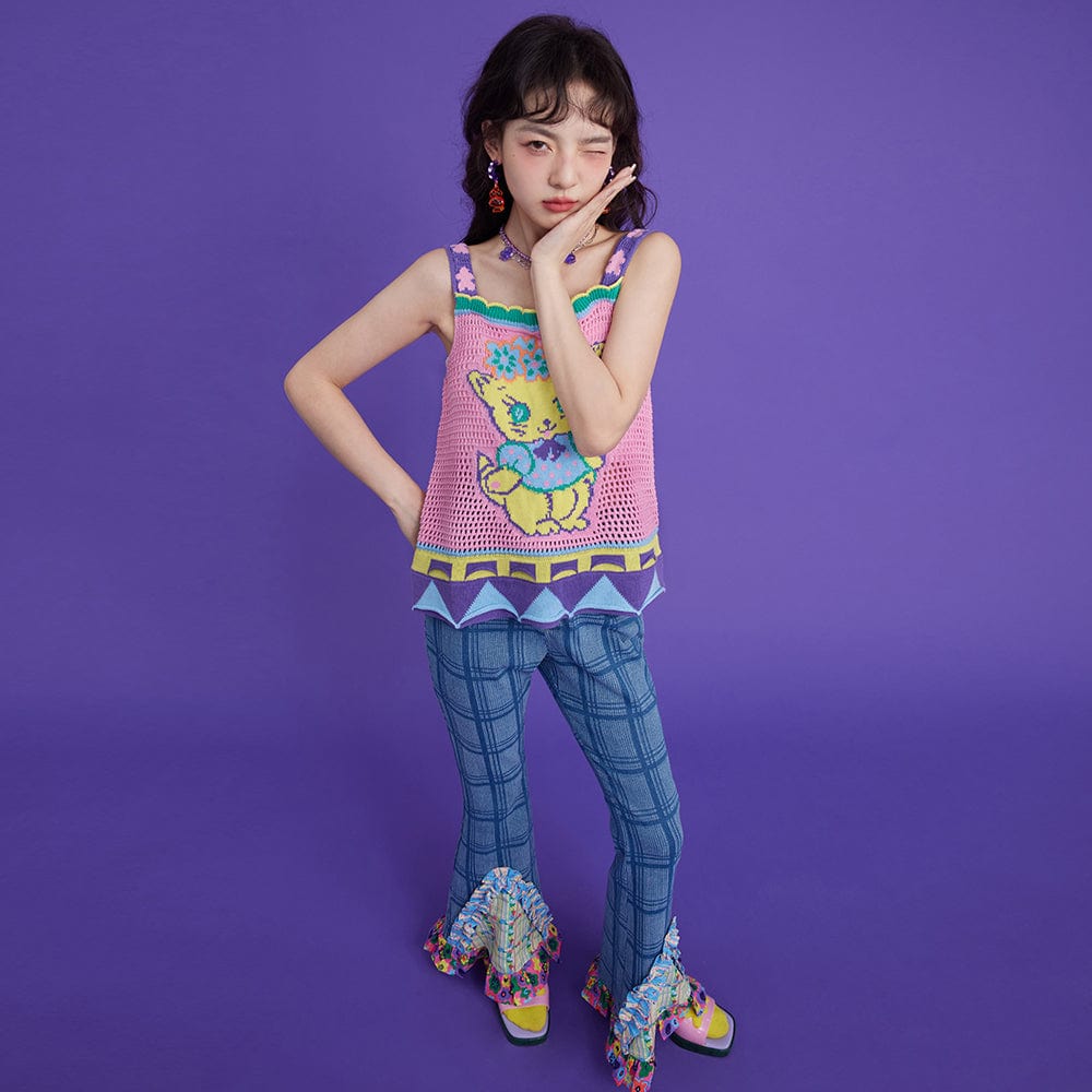 Pink Kawaii Women's Contrast Color Cat Knitted Tank Top