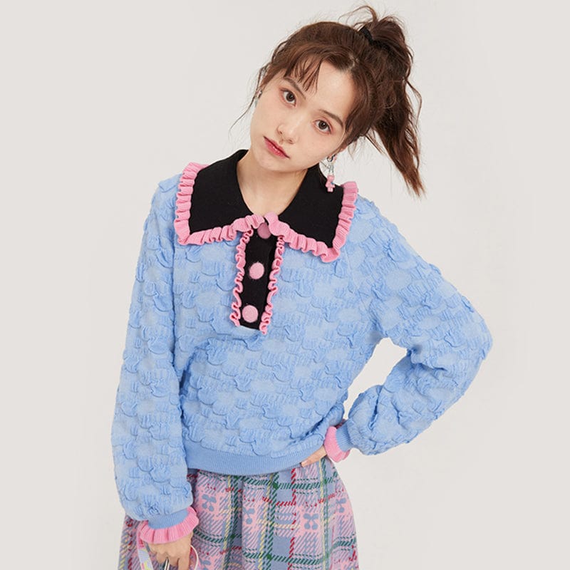 Pink Kawaii Women's Contrast Color Ruffled Sweater