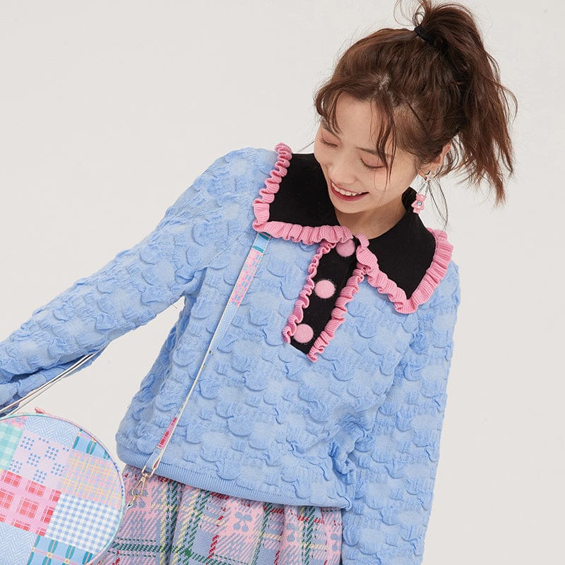 Pink Kawaii Women's Contrast Color Ruffled Sweater