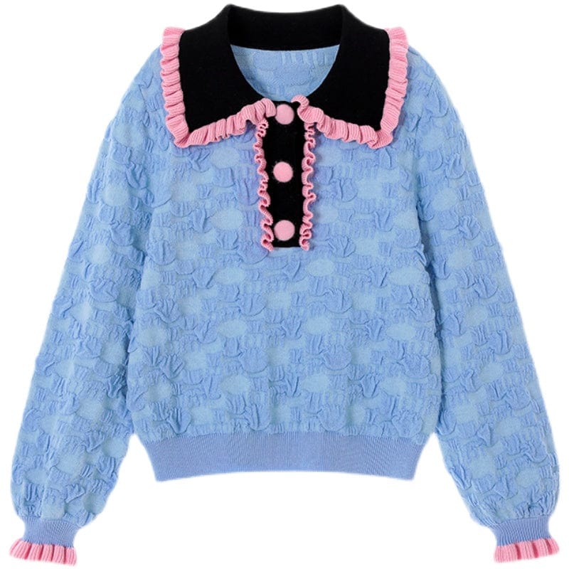 Pink Kawaii Women's Contrast Color Ruffled Sweater