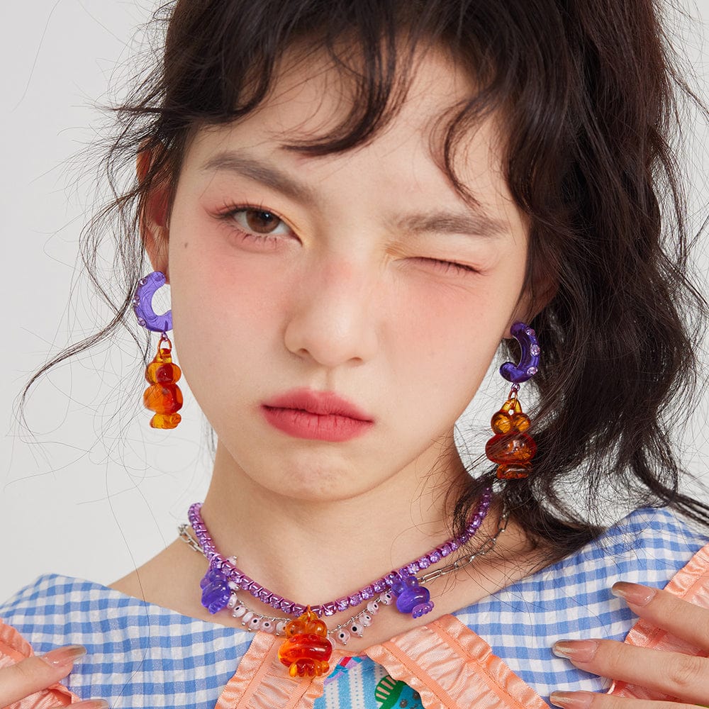 Pink Kawaii Women's Dog Rhinestone Earrings/Necklace