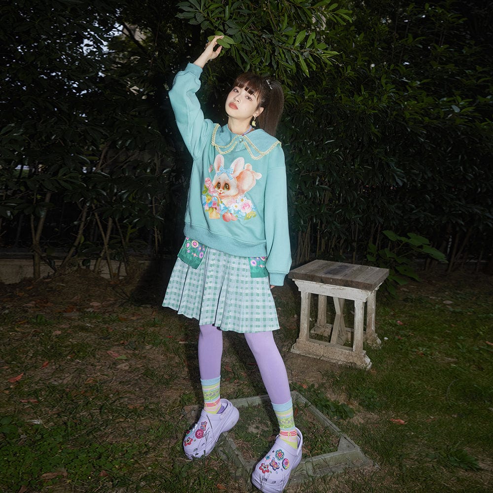 Pink Kawaii Women's Doll Collar Rabbit Printed Sweatshirt