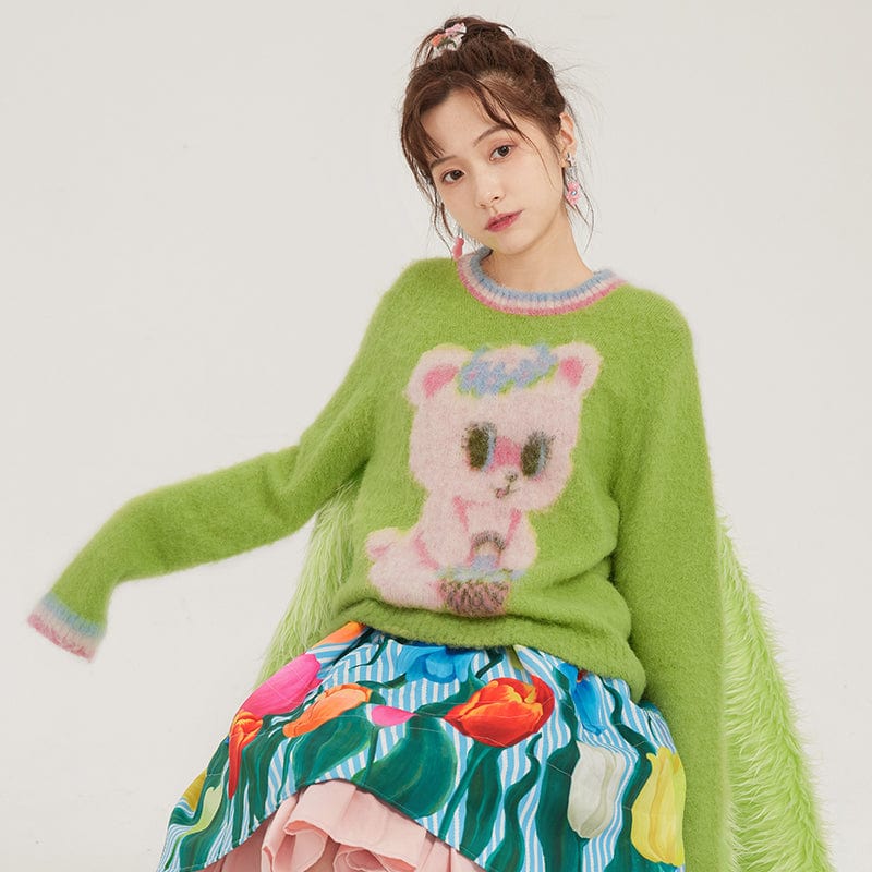 Pink Kawaii Women's Double Color Bear Knitted Sweater