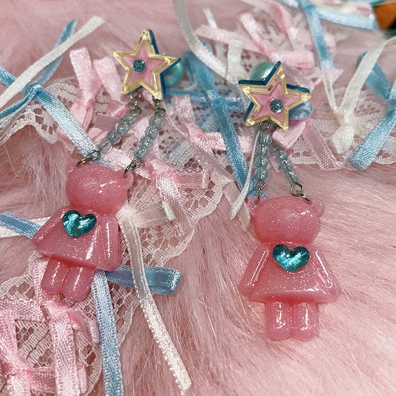 Pink Kawaii Women's Glittering Bear Star Earrings