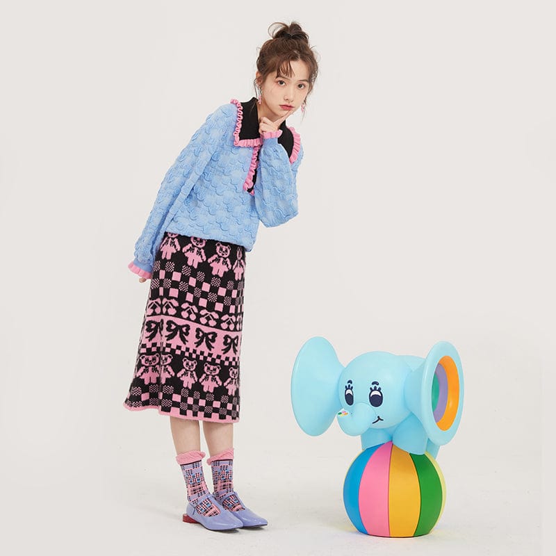 Pink Kawaii Women's Plaid Bear Knitted Skirt