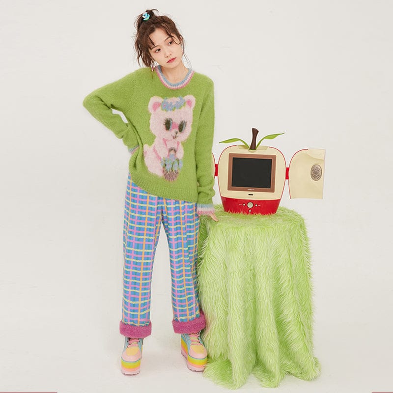 Pink Kawaii Women's Plush Splice Plaid Pants