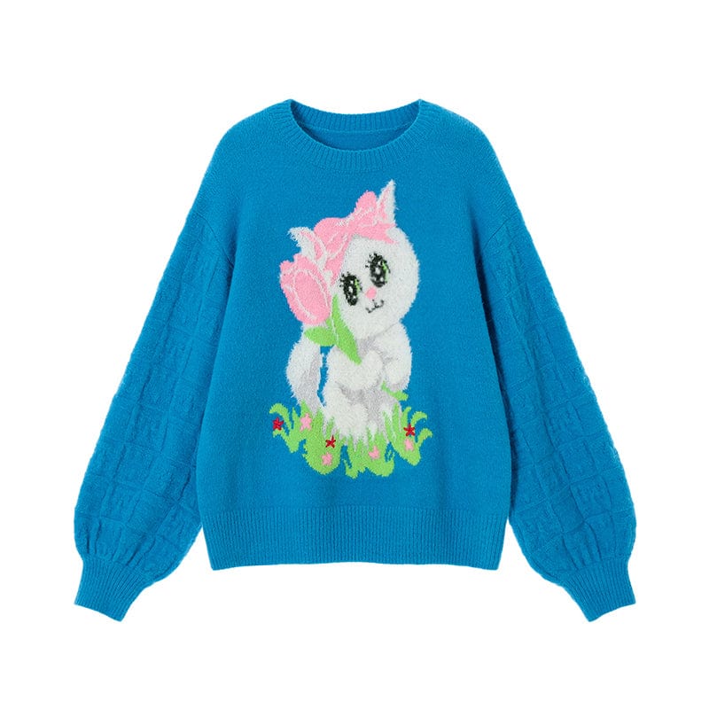 Pink Kawaii Women's Puff Sleeved Cat Knitted Sweater