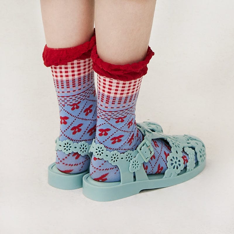 Pink Kawaii Women's Ruffled Plaid Cherry Knitted Socks