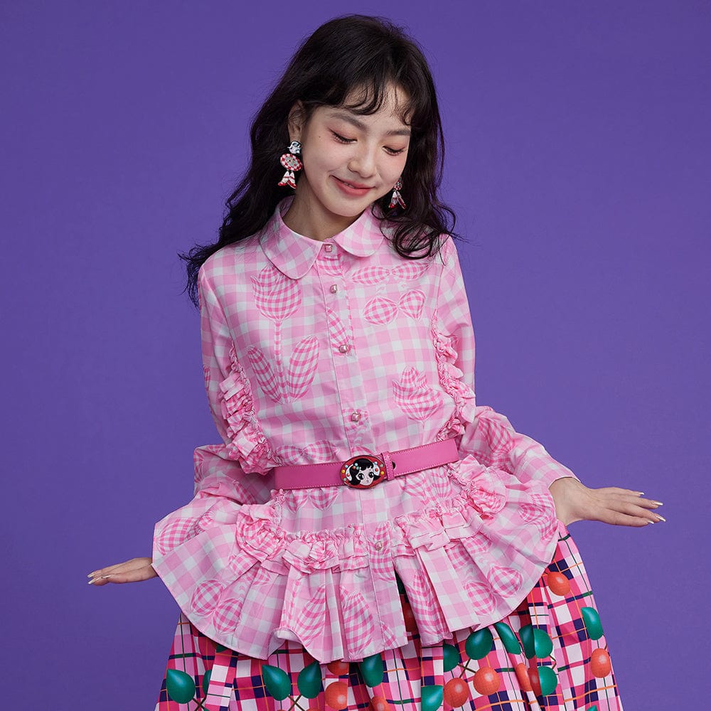 Pink Kawaii Women's Tulip Printed Ruffled Plaid Shirt