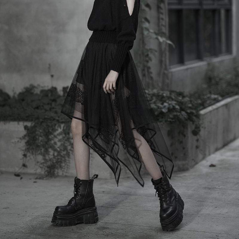 Women's Goth Floral Lace Mesh Irrgular Maxi Skirt