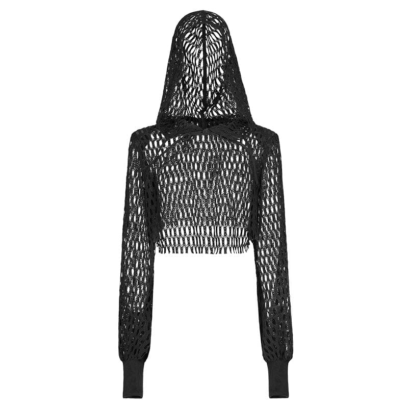 PR-A Women's Punk Chinese Knot Mesh Short Hoodies