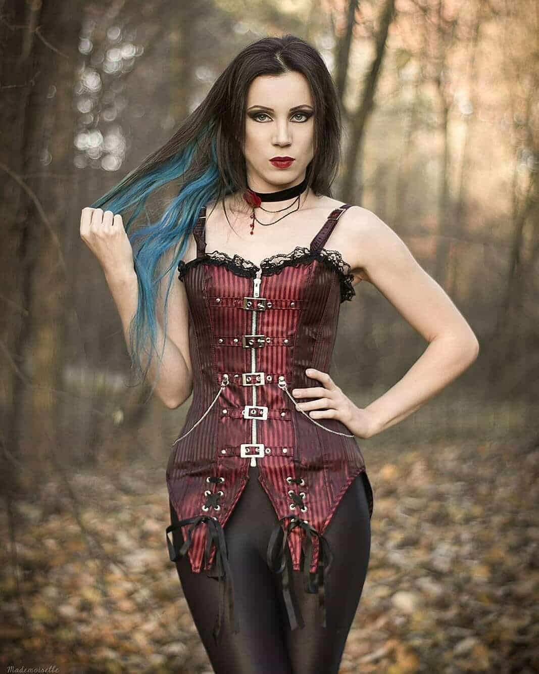 Gothic Striped Lace Buckles Overbust Corset With Thong