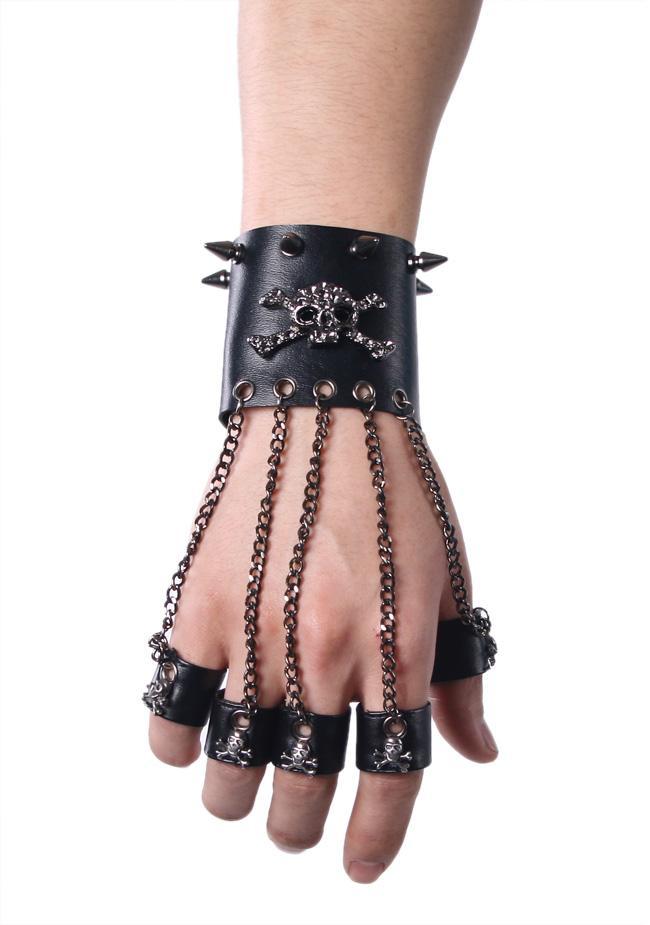 Men's Black Skull Metal Chain Gloves With Removable Finger Rings