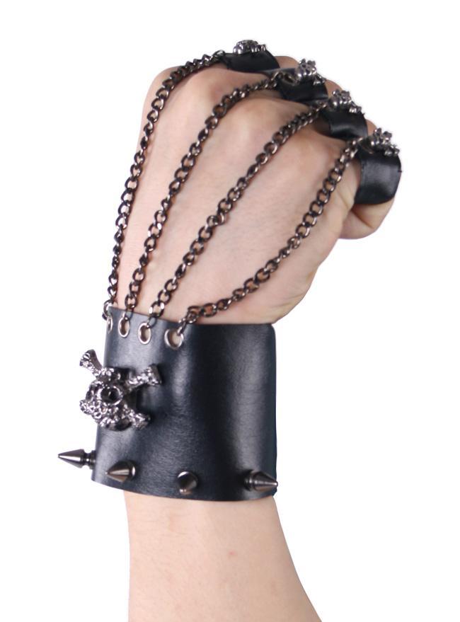 Men's Black Skull Metal Chain Gloves With Removable Finger Rings