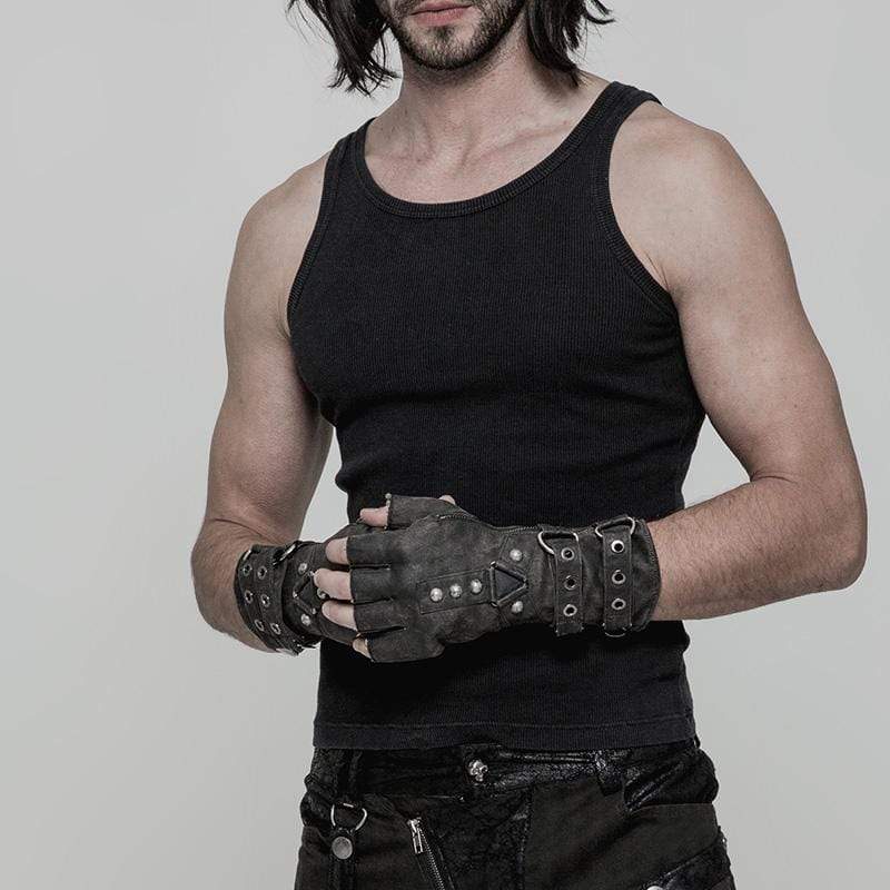 Men's Steampunk Belt Buckle Rivet Gloves Grey