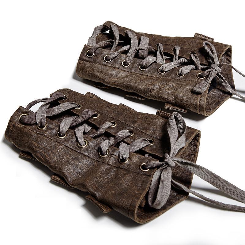 Men's Brass Buttons Lace Up Faux Leather Arm Sleeves Gloves