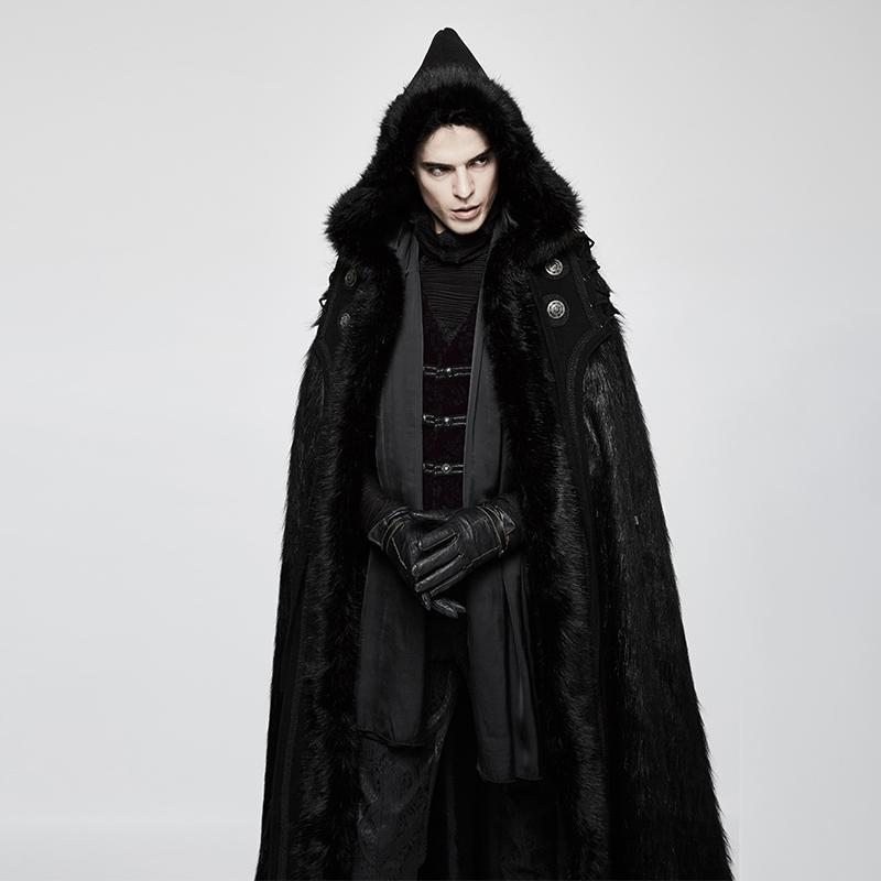Men's Gothic Hooded Sleeveless Long Fur Cloak