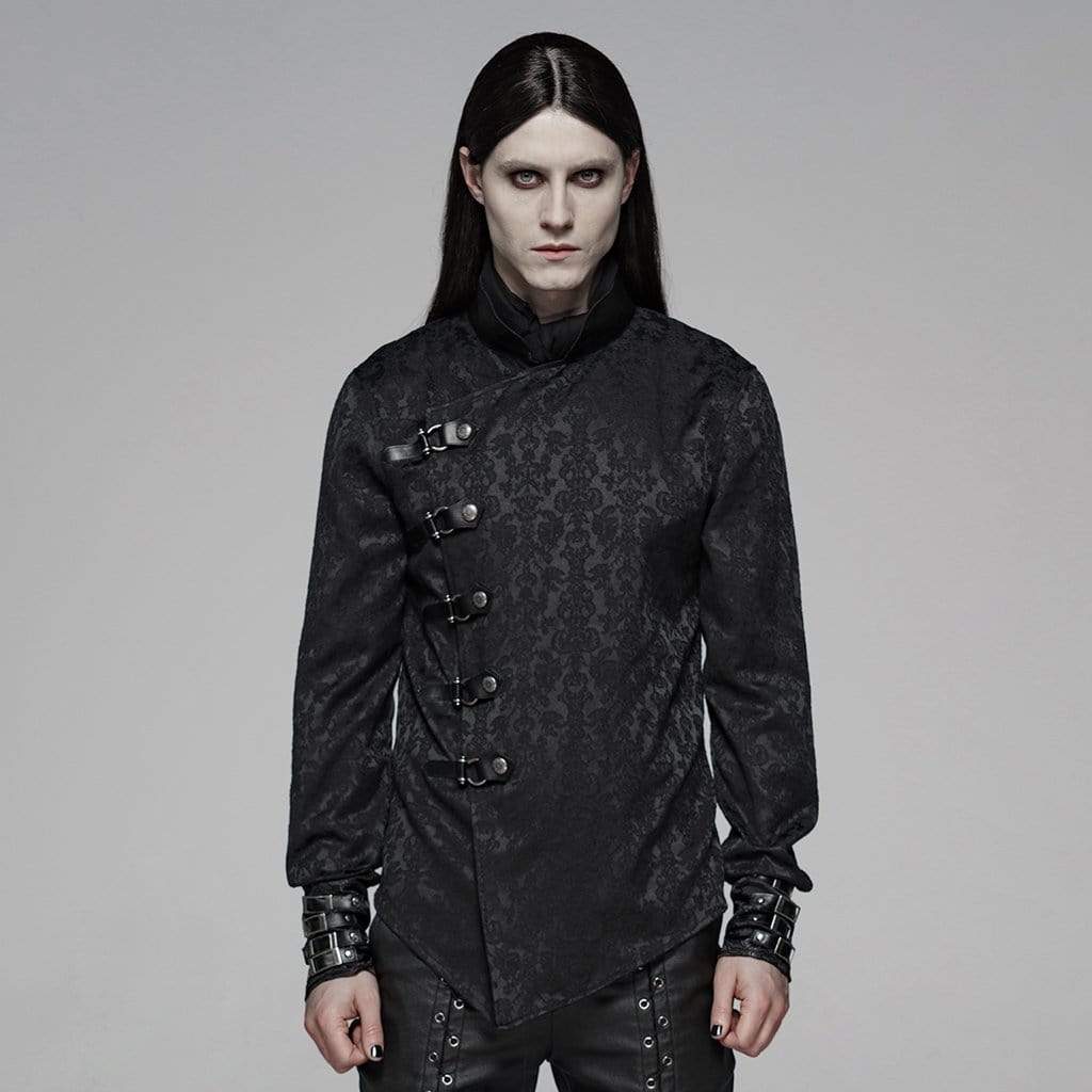 Men's Goth Floral Printed Stand Collar Shirt Black