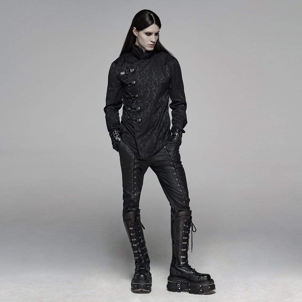 Men's Goth Floral Printed Stand Collar Shirt Black