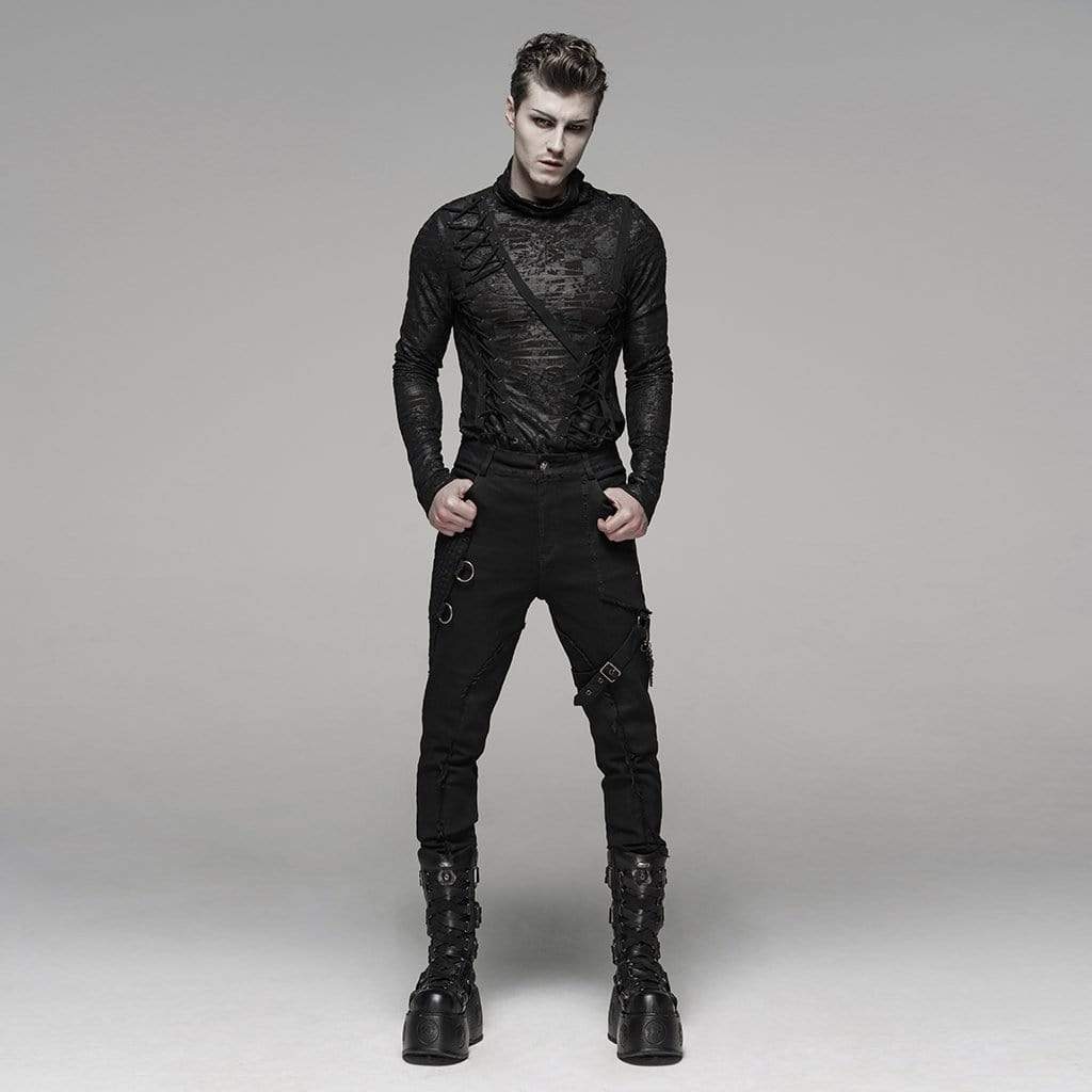 Men's Goth Ripped Straps Skinny Denim Pants With Waist Chain