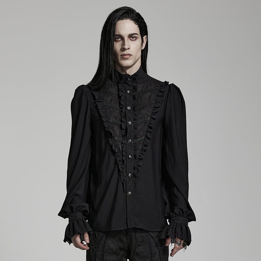 PUNK RAVE Men's Gothic Stand Colllar Ruffled Shirt